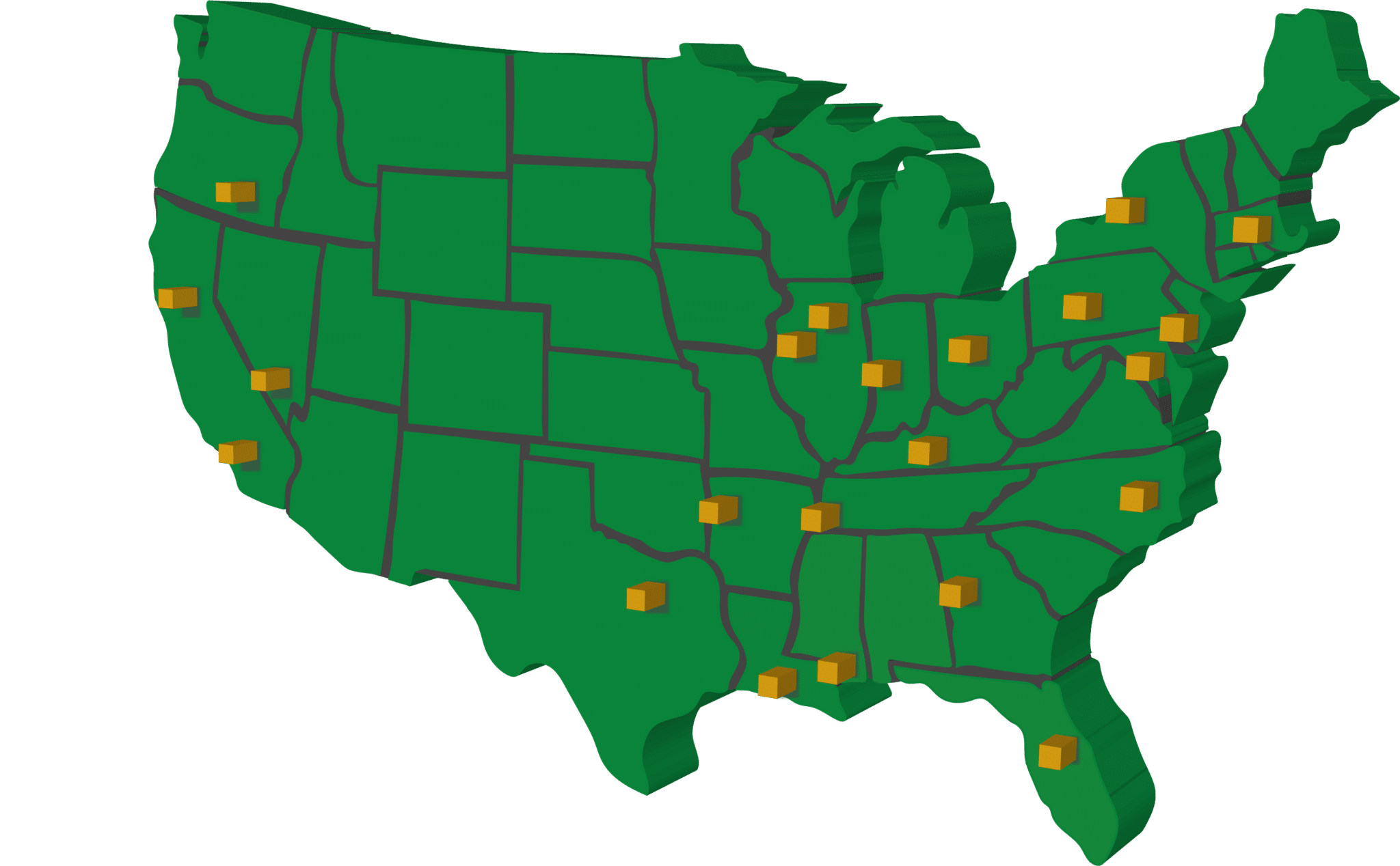 Green 3D map of United States with marked order fulfillment locations