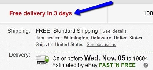 eBay replaced their Fast N’ Free Shipping badge with text promising “Free delivery in 3 days”