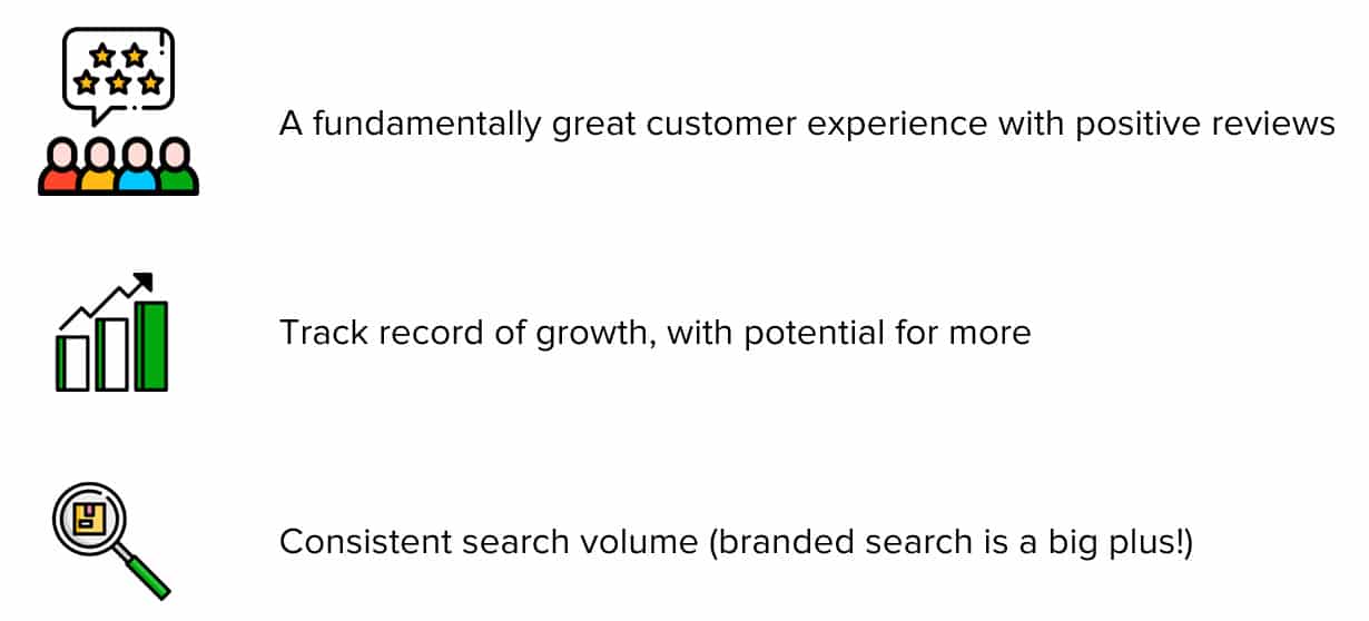 The first three indicators of a strong business are a great customer experience, a track record of growth, and consistent search volume.