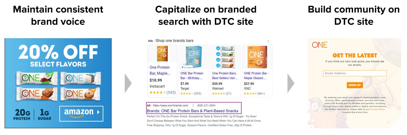 One Bar uses marketplace ads to grab attention, but then they shift to trying to push customers to their DTC site.
