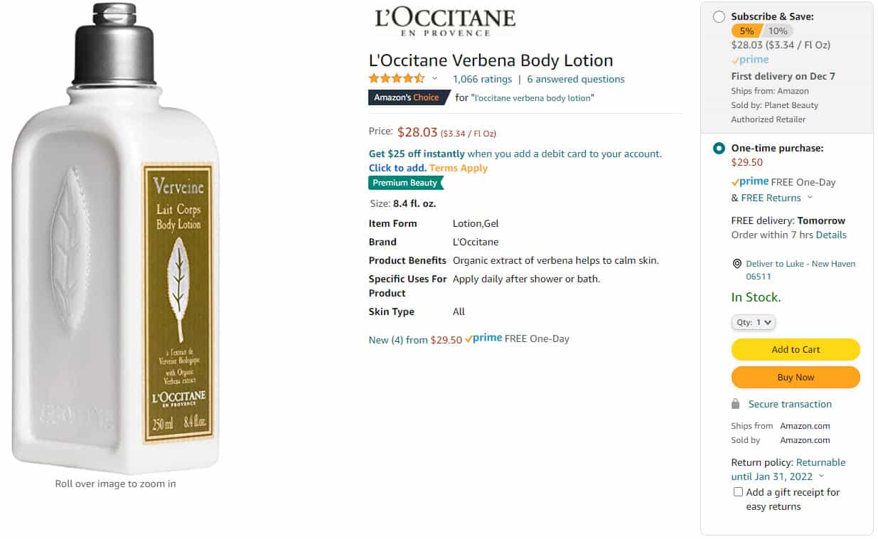 Amazon offers free one-day shipping while charging the same list price for L’Occitane’s Verbena Body Lotion.