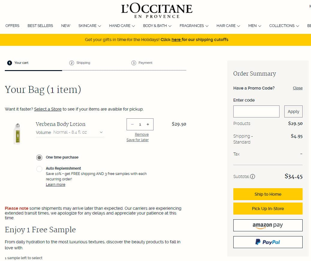 L’Occitane charges for slow shipping, making their listing more expensive and less appealing than the same listing on Amazon and Walmart.