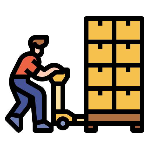 Man moving shipment pallet icon.
