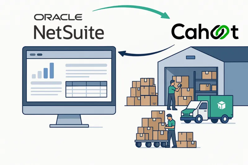 Illustration showing NetSuite software connected to Cahoot’s fast fulfillment network with real-time data flow and packages shipping from a modern warehouse.